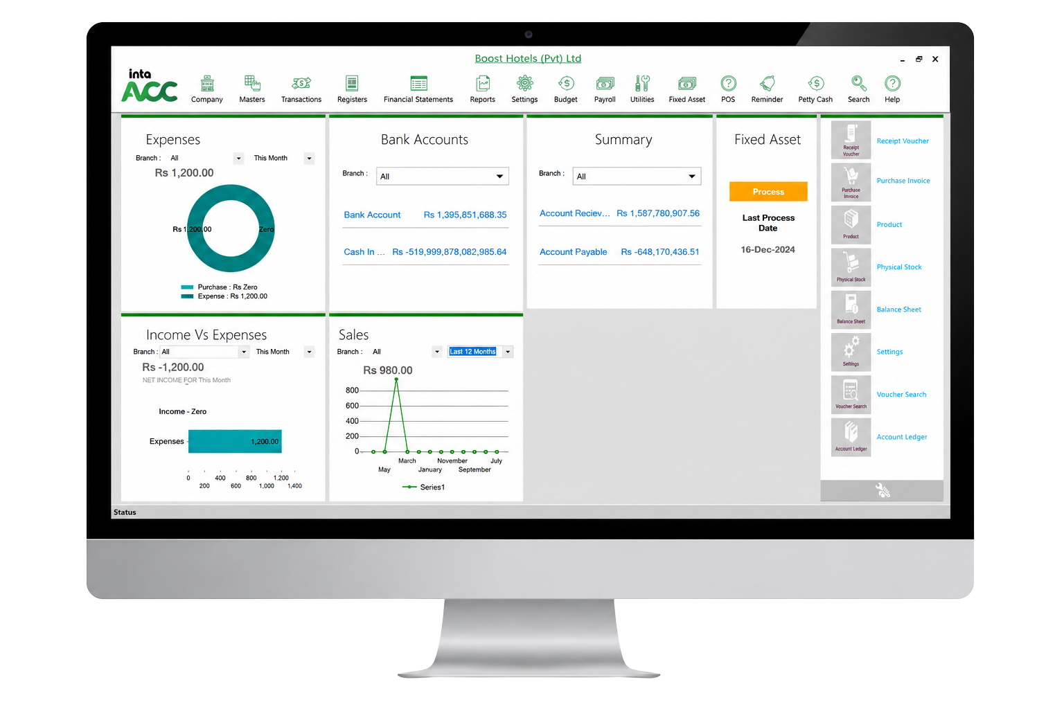 IntaAcc accounting dashboard showing expenses, bank accounts, receivables and payables