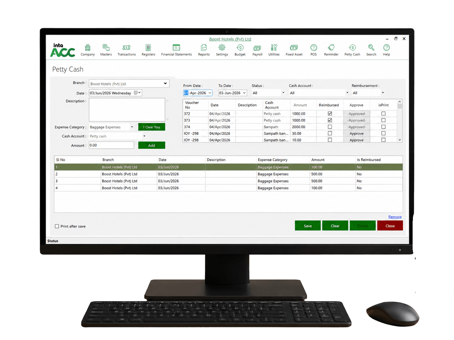 IntaAcc petty cash voucher entry and approval screen