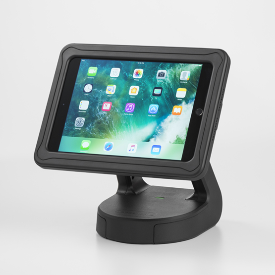 Self-order kiosk tablet enclosure on a countertop stand