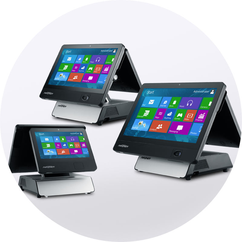 Boost Hotels commercial POS terminal lineup - three touch-screen terminals for hotel and restaurant checkout
